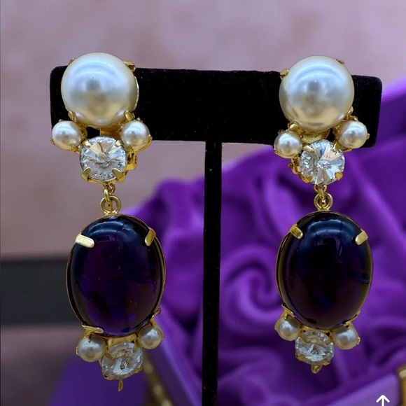 Jewelry - Vintage Pearl and Deep Purple Glass Drop Earrings - Classic Gold Tone
